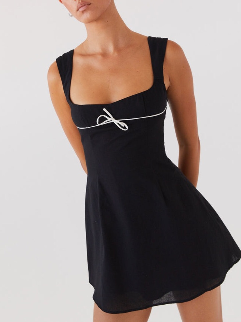 Peppermayo Cadence Black Linen Cotton Mini Dress Ribbon Trim 2